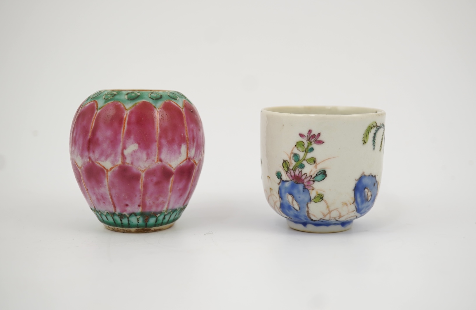An unusual Chinese famille rose miniature coffee cup and a lotus bud shaped jar, Qianlong period